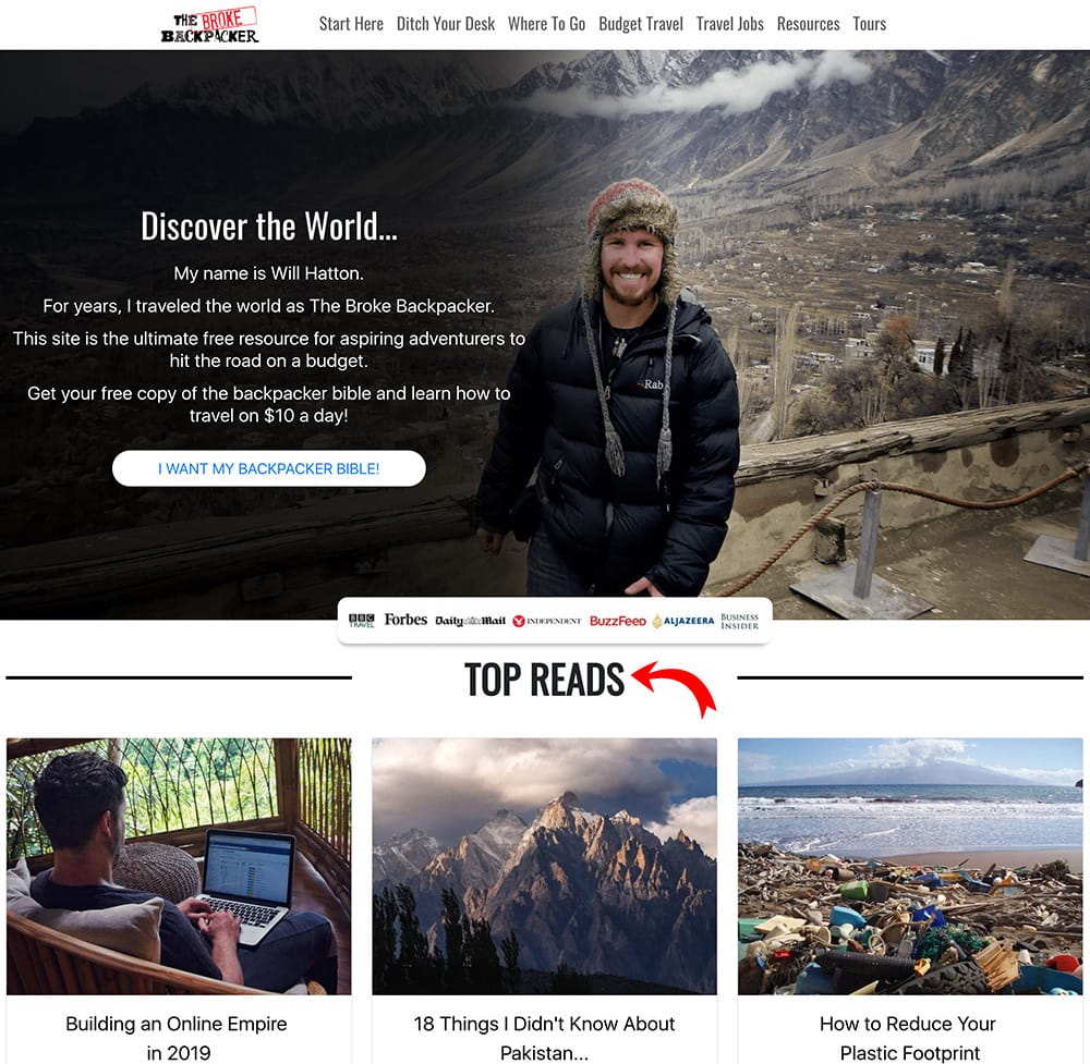 The Broke Backpacker homepage screenshot