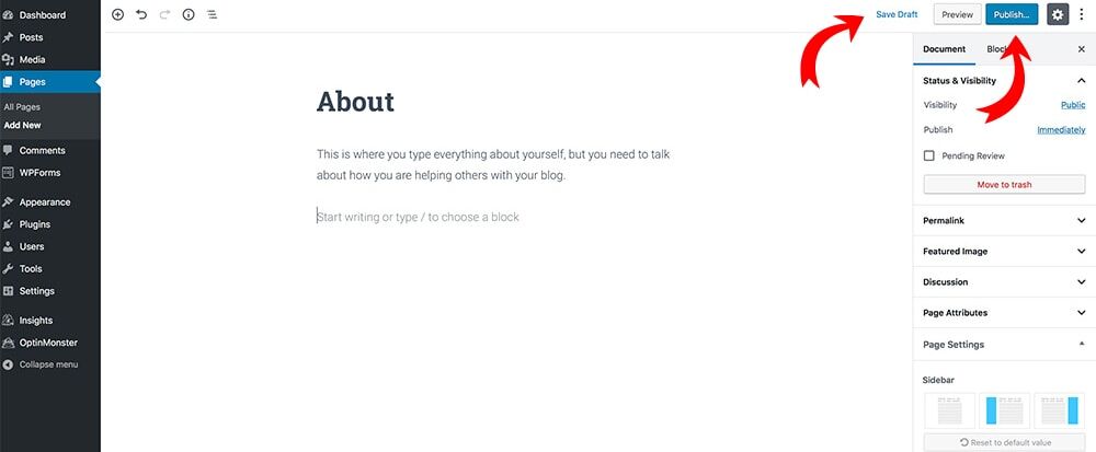 How to save a draft or publish a page when you start a blog with WordPress