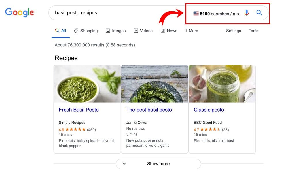 Google screenshot with Keyword Surfer in action