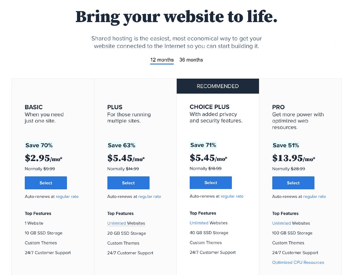 Bluehost plan selection